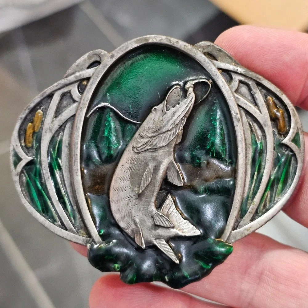 1985 Pike Bergamot Brass Works Fish Belt Buckle Enamel Muskie USA Made